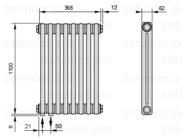 Схема (чертеж) Радиатор Zehnder Charleston 2110/8 №3370 Белый глянцевый RAL 9016